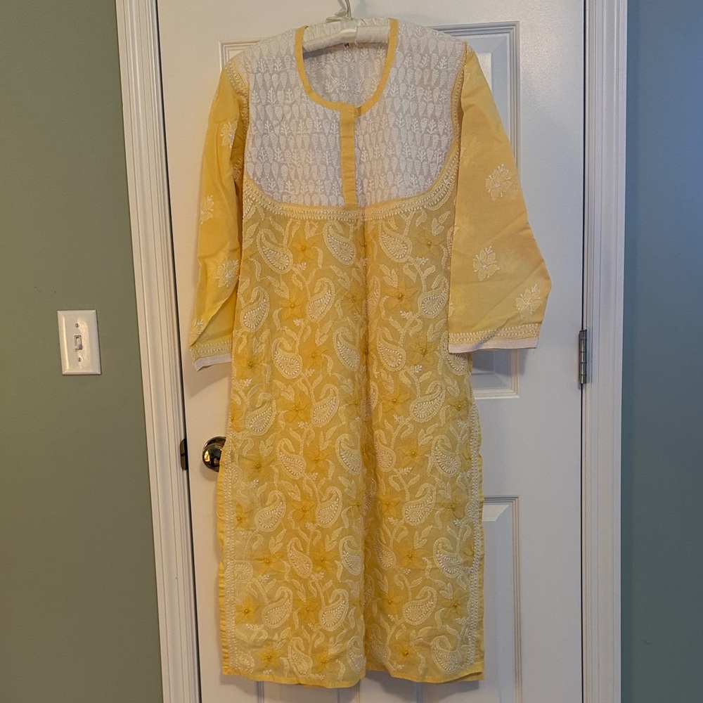 Yellow and White Hand-Embroidered Kurta